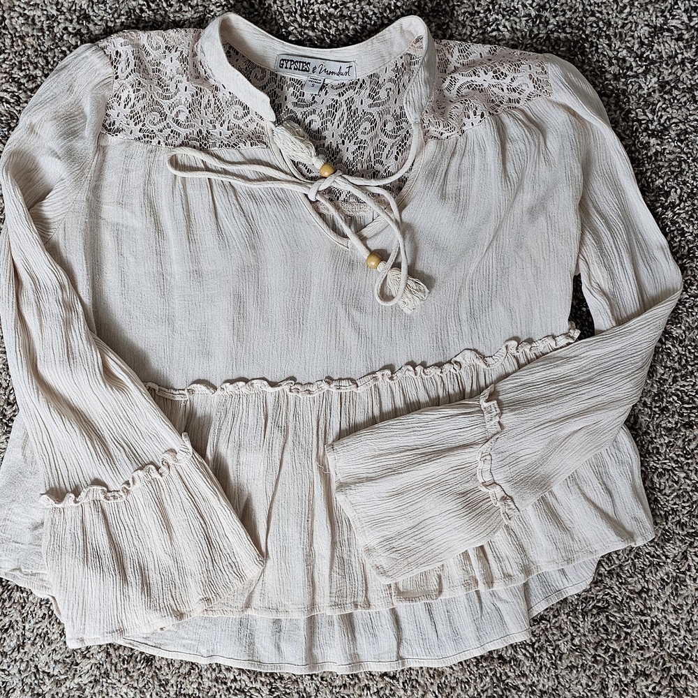 Cream Long Sleeve Tie Front Peplum Blouse